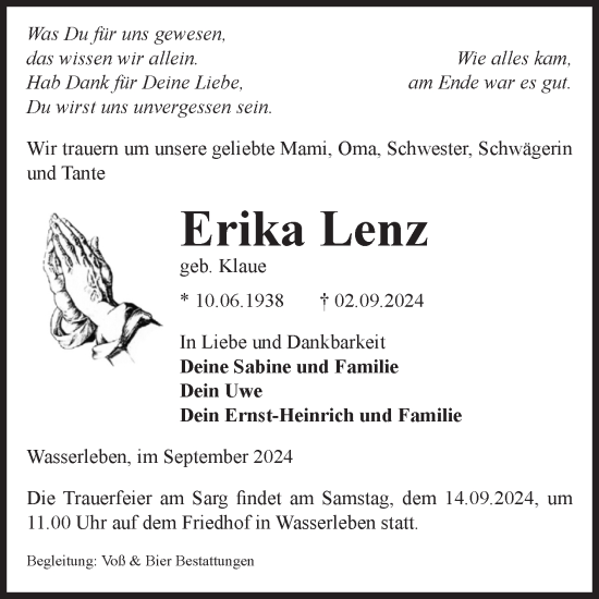 Traueranzeige von Erika Lenz von Volksstimme Wernigerode