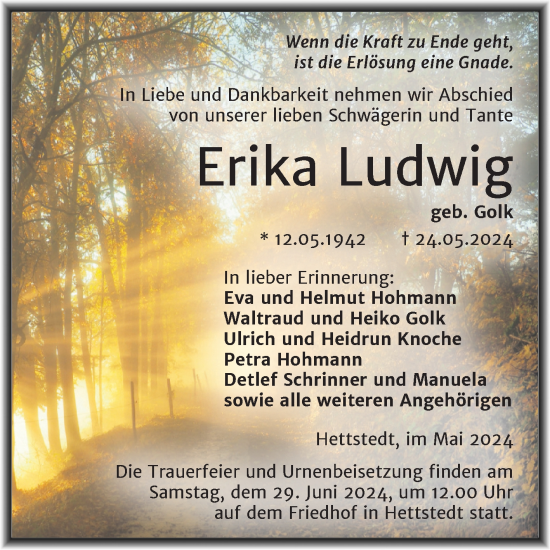 Traueranzeige von Erika Ludwig von Trauerkombi Mansfelder Land