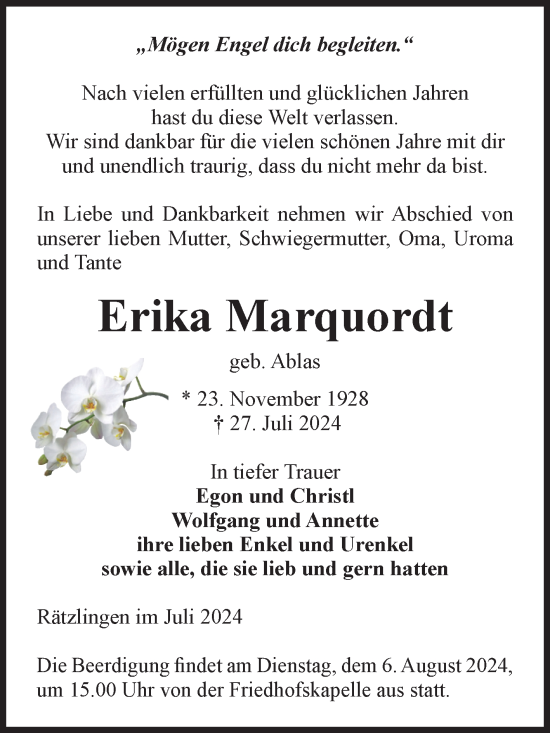 Traueranzeige von Erika Marquordt von Volksstimme Haldensleben/Wolmirstedt