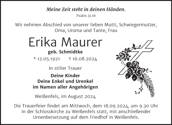 Traueranzeige von Erika Maurer von Trauerkombi Weißenfels
