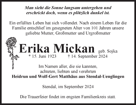 Traueranzeige von Erika Mickan von Volksstimme Altmark Ost