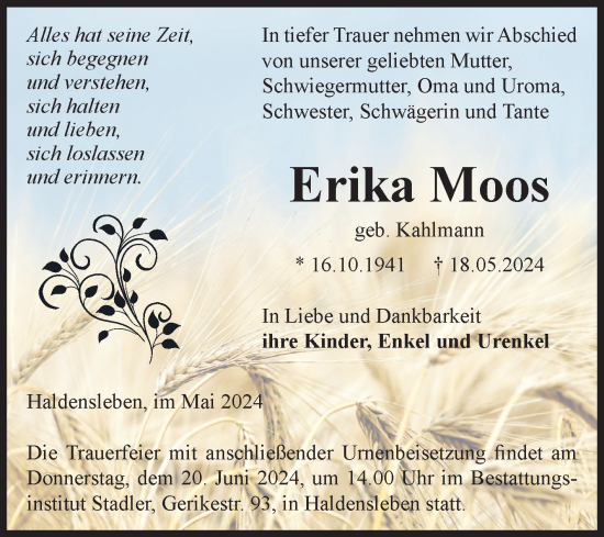 Traueranzeige von Erika Moos von Volksstimme Haldensleben/Wolmirstedt