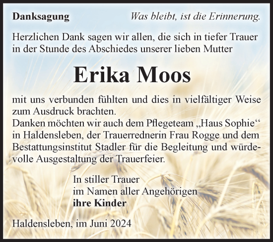Traueranzeige von Erika Moos von Volksstimme Haldensleben/Wolmirstedt