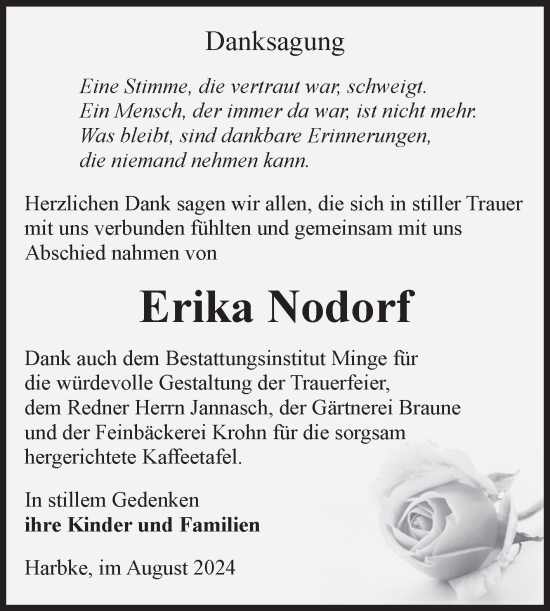 Traueranzeige von Erika Nodorf von Volksstimme Oschersleben/Wanzleben