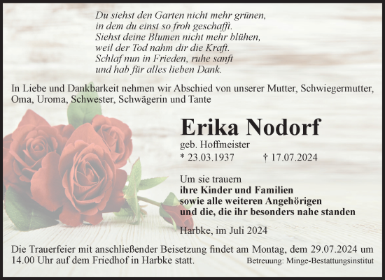 Traueranzeige von Erika Nodorf von Volksstimme Oschersleben/Wanzleben