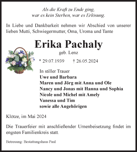 Traueranzeige von Erika Pachaly von Volksstimme Altmark West