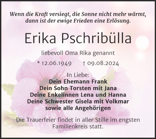 Traueranzeige von Erika Pschribülla von Trauerkombi Weißenfels