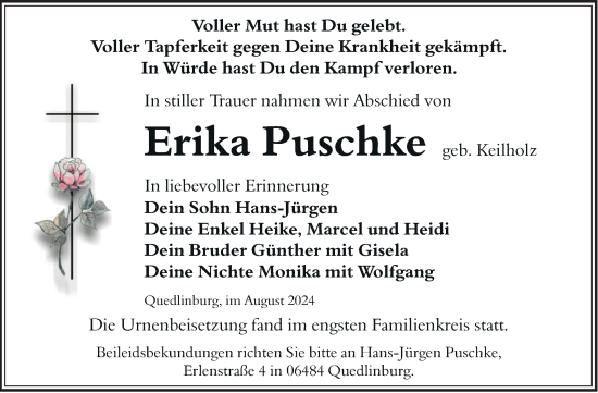 Traueranzeige von Erika Puschke von Trauerkombi Quedlinburg