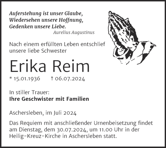Traueranzeige von Erika Reim von Trauerkombi Aschersleben