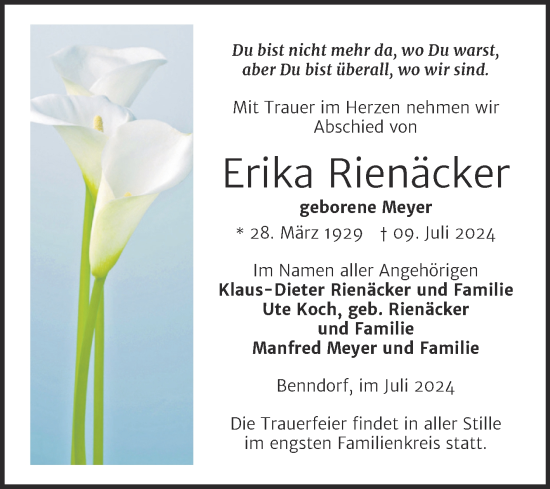 Traueranzeige von Erika Rienäcker von Trauerkombi Mansfelder Land