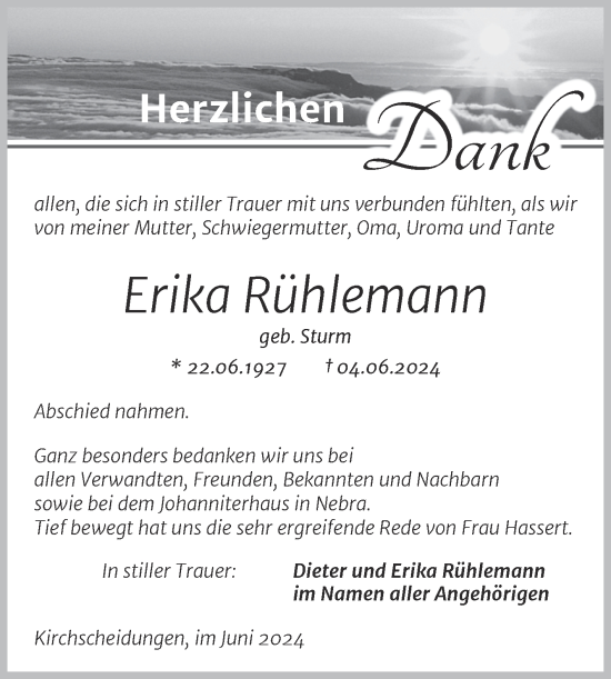 Traueranzeige von Erika Rühlemann von Naumburger Tageblatt