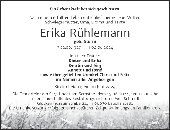 Traueranzeige von Erika Rühlemann von Naumburger Tageblatt