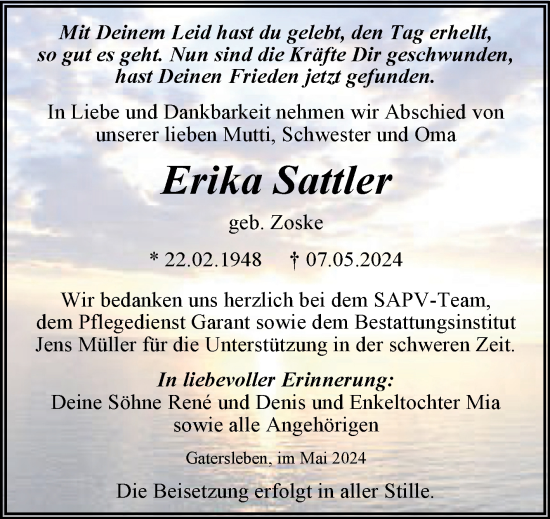 Traueranzeige von Erika Sattler von Trauerkombi Aschersleben