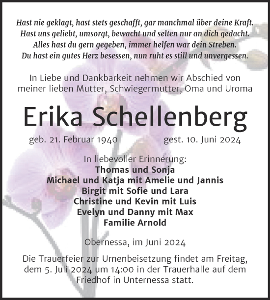 Traueranzeige von Erika Schellenberg von Trauerkombi Weißenfels