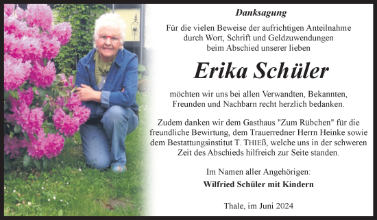 Traueranzeige von Erika Schüler von Trauerkombi Quedlinburg