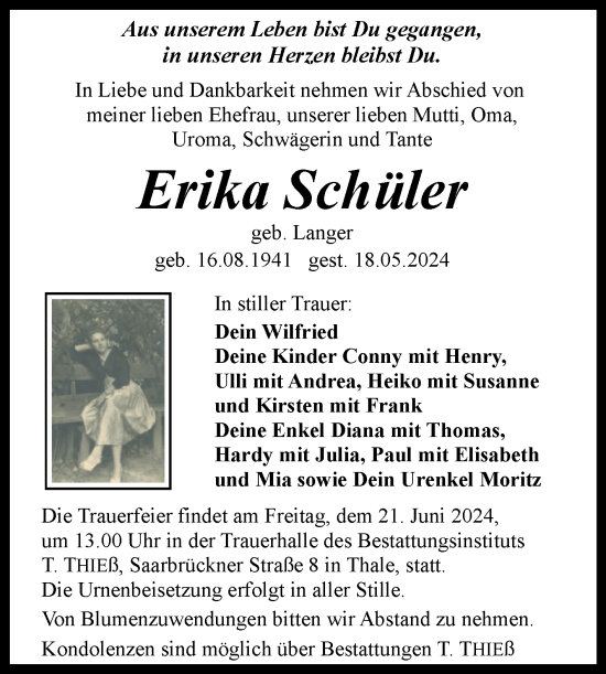 Traueranzeige von Erika Schüler von Trauerkombi Quedlinburg