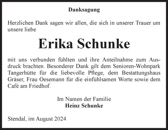 Traueranzeige von Erika Schunke von Volksstimme Altmark Ost