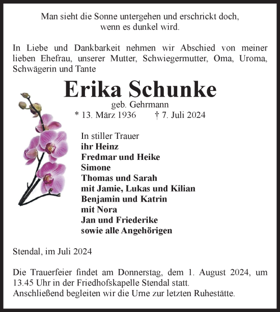 Traueranzeige von Erika Schunke von Volksstimme Altmark Ost