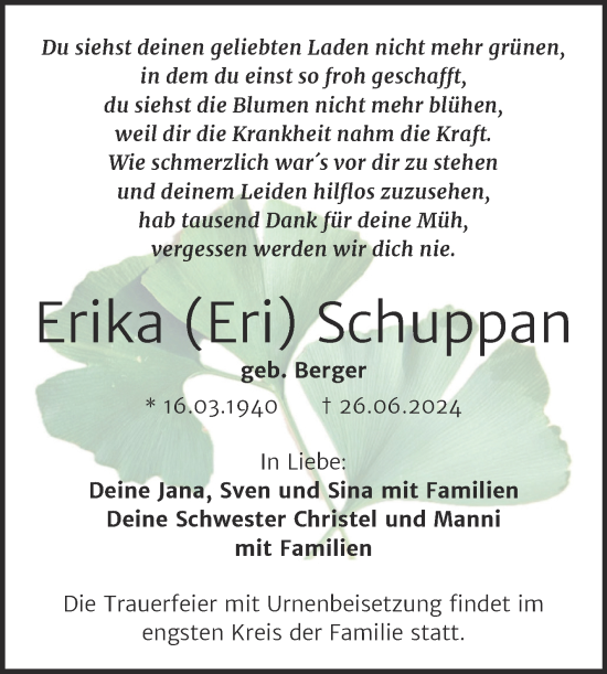Traueranzeige von Erika Schuppan von Trauerkombi Bitterfeld
