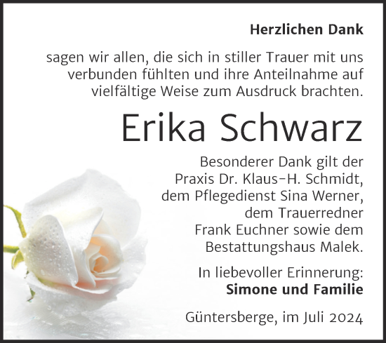 Traueranzeige von Erika Schwarz von Trauerkombi Quedlinburg