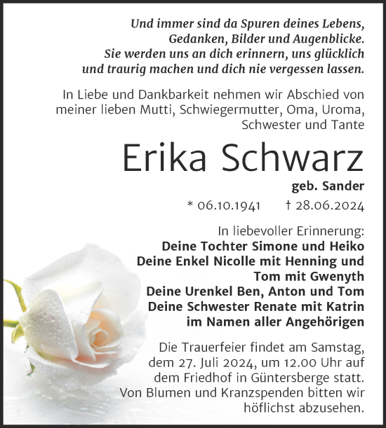Traueranzeige von Erika Schwarz von Trauerkombi Quedlinburg