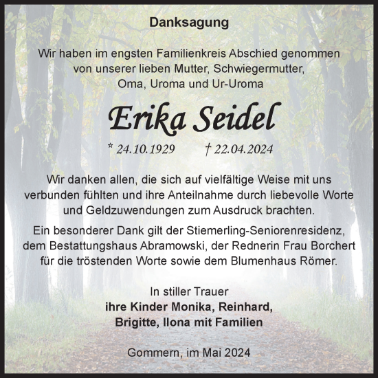 Traueranzeige von Erika Seidel von Volksstimme Burg/Genthin