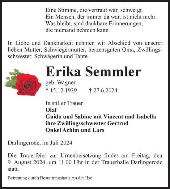 Traueranzeige von Erika Semmler von Volksstimme Wernigerode