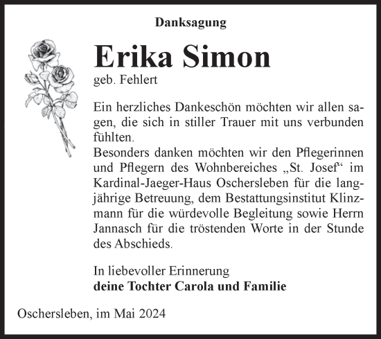 Traueranzeige von Erika Simon von Volksstimme Oschersleben/Wanzleben