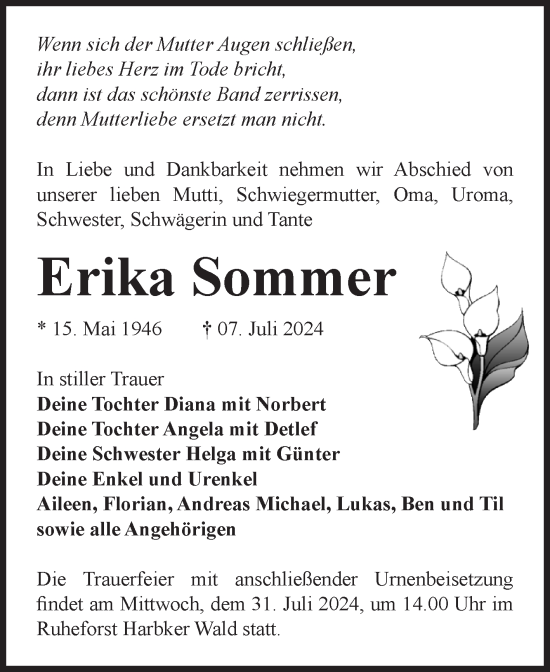 Traueranzeige von Erika Sommer von Volksstimme Haldensleben/Wolmirstedt