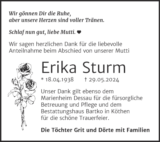 Traueranzeige von Erika Sturm von Trauerkombi Dessau