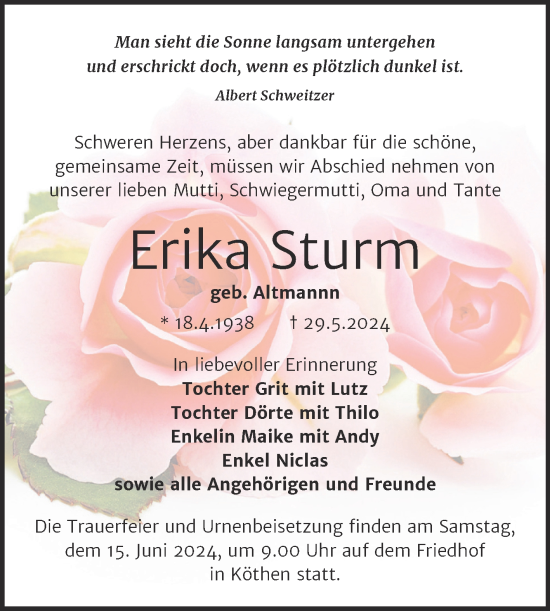 Traueranzeige von Erika Sturm von Trauerkombi Köthen