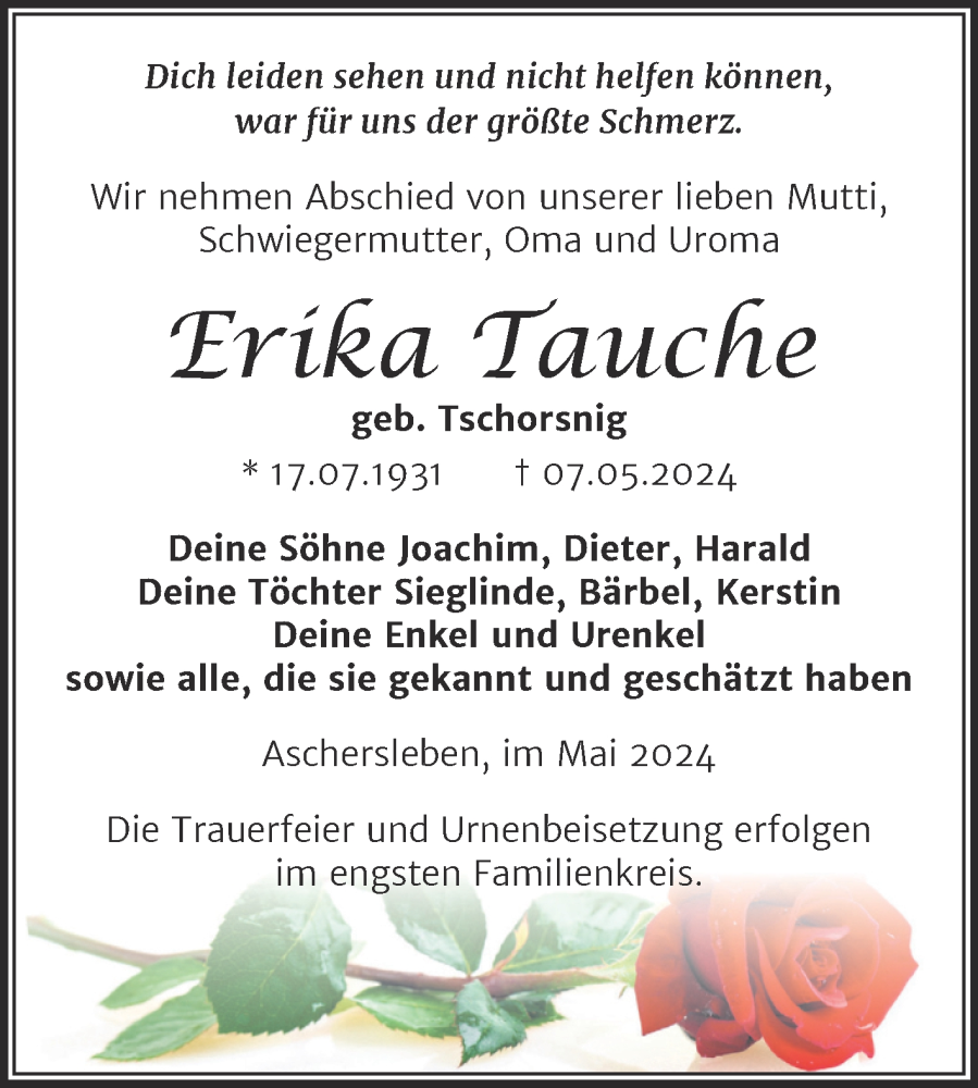 Traueranzeige für Erika Tauche vom 18.05.2024 aus Trauerkombi Aschersleben