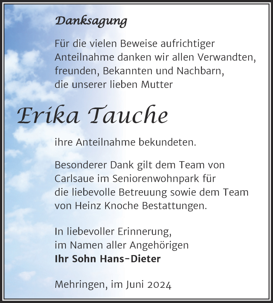  Traueranzeige für Erika Tauche vom 15.06.2024 aus Trauerkombi Aschersleben