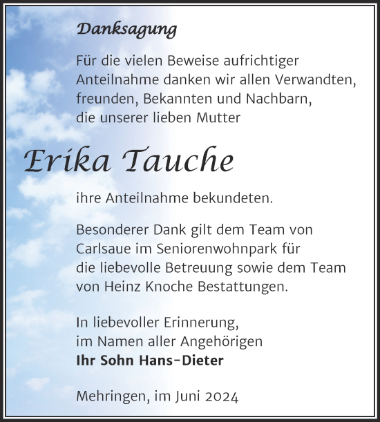 Traueranzeige von Erika Tauche von Trauerkombi Aschersleben
