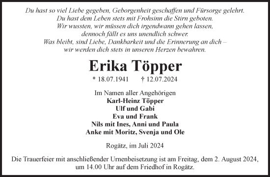 Traueranzeige von Erika Töpper von Volksstimme Haldensleben/Wolmirstedt