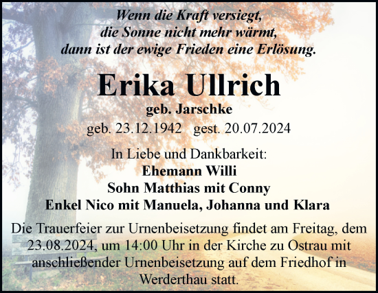 Traueranzeige von Erika Ullrich von Mitteldeutsche Zeitung Halle/Saalkreis