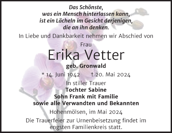 Traueranzeige von Erika Vetter von Trauerkombi Weißenfels