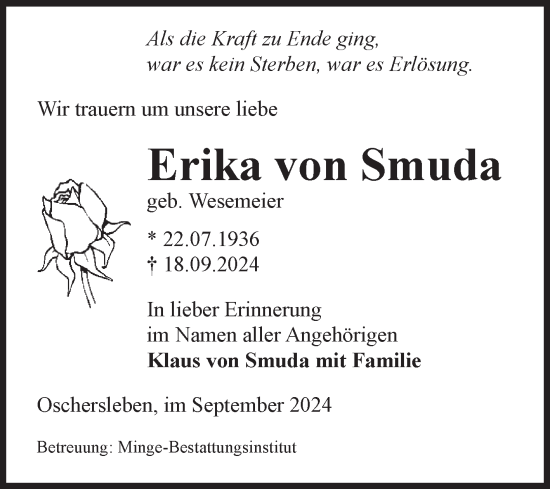 Traueranzeige von Erika von Smuda von Volksstimme Oschersleben/Wanzleben