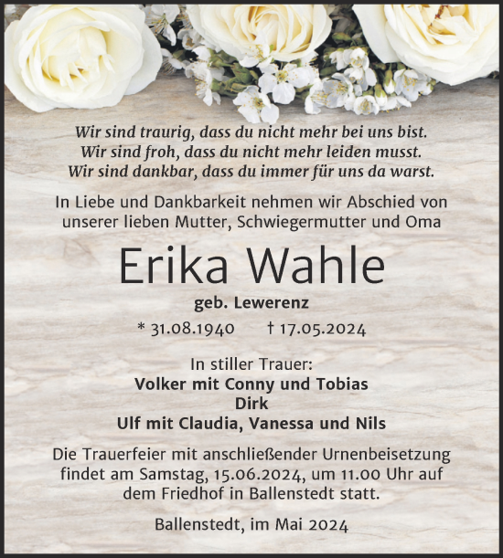 Traueranzeige von Erika Wahle von Trauerkombi Quedlinburg