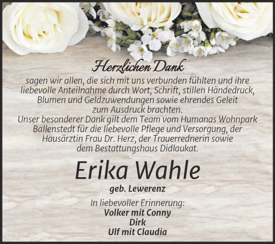 Traueranzeige von Erika Wahle von Trauerkombi Quedlinburg