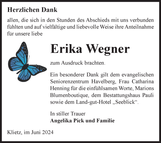 Traueranzeige von Erika Wegner von Volksstimme Altmark Ost