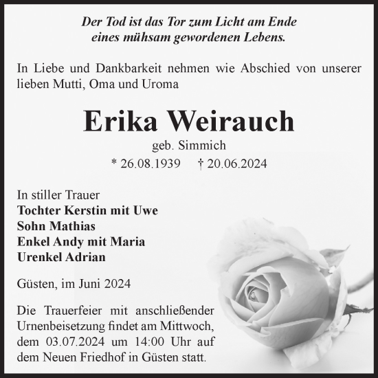 Traueranzeige von Erika Weirauch von Volksstimme Staßfurt