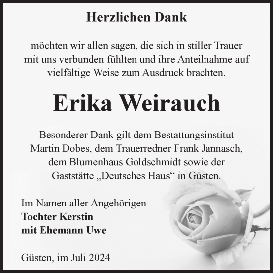 Traueranzeige von Erika Weirauch von Volksstimme Staßfurt