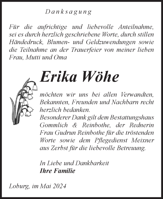 Traueranzeige von Erika Wöhe von Volksstimme Zerbst