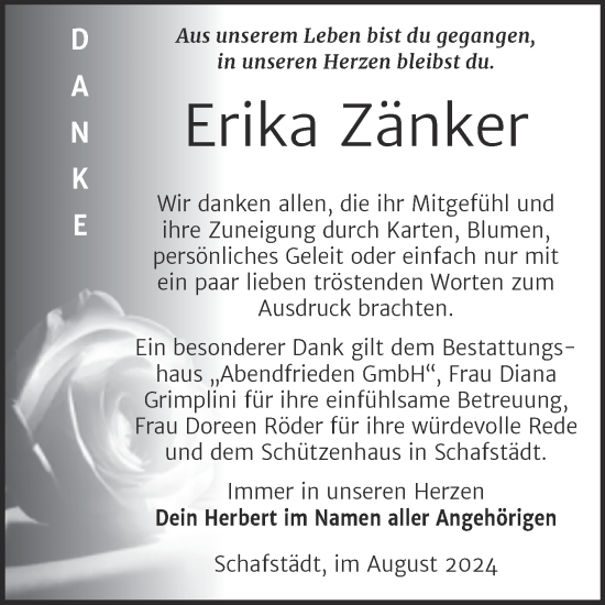 Traueranzeige von Erika Zänker von Trauerkombi Merseburg