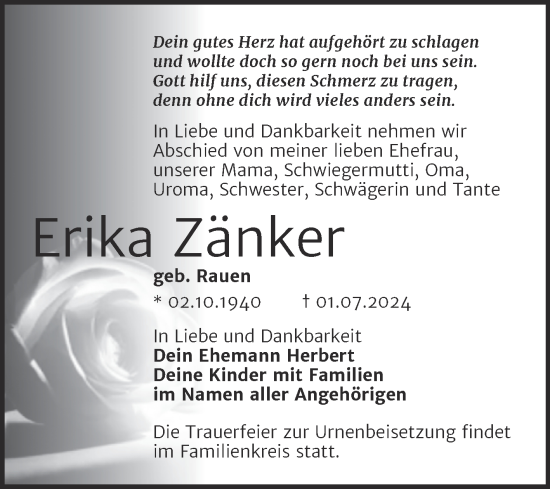 Traueranzeige von Erika Zänker von Trauerkombi Merseburg