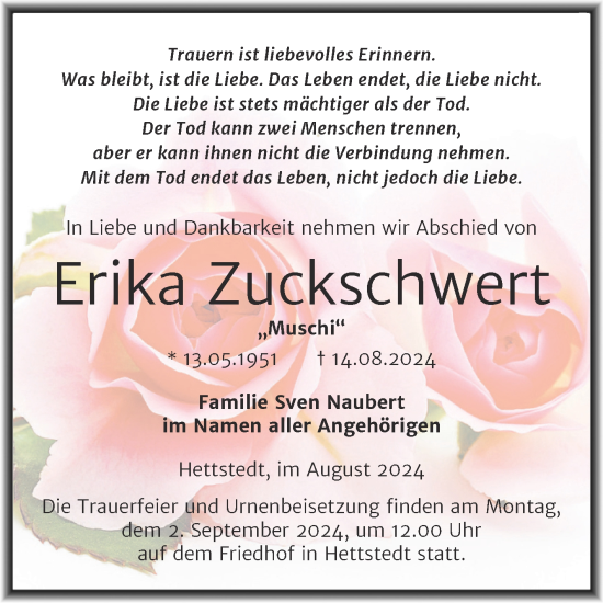 Traueranzeige von Erika Zuckschwert von Trauerkombi Mansfelder Land