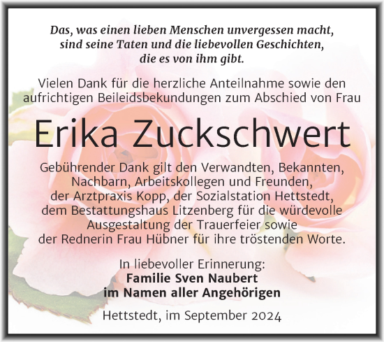 Traueranzeige von Erika Zuckschwert von Trauerkombi Mansfelder Land