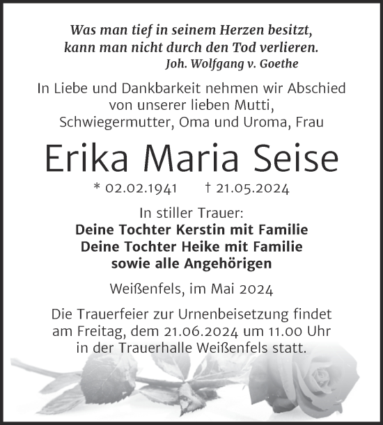 Traueranzeige von Erika Maria Seise von Trauerkombi Weißenfels
