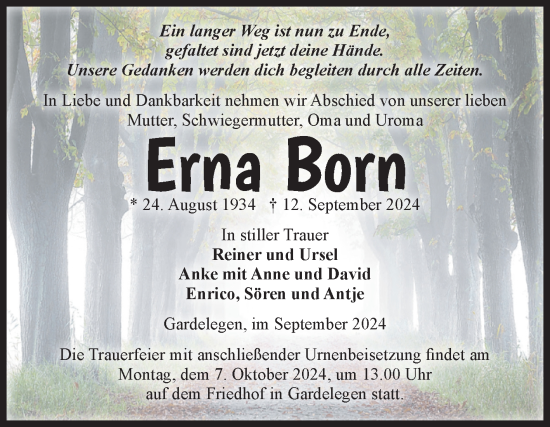 Traueranzeige von Erna Born von Volksstimme Altmark West